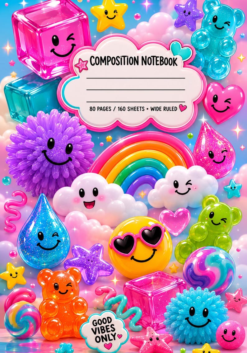 May include: A composition notebook with a cloud-shaped label reading COMPOSITION NOTEBOOK 80 PAGES / 160 SHEETS WIDE RULED. The cover features a colourful collage of winking smiley faces, gummy bears, stars, hearts, rainbows, and glittery shapes.