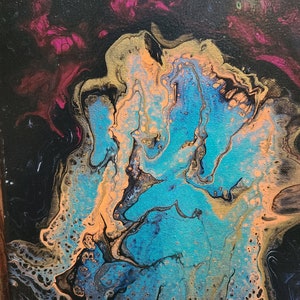 Abstract Art Neon Pour Painting Blue Orange Acrylic Gloss Glitter 8x10 -Shifting Complements-