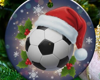 Personalized Soccer Christmas Ornament, Custom Football Player Gift, Santa Hat Sports Fan Xmas Tree Decor, Holiday Present