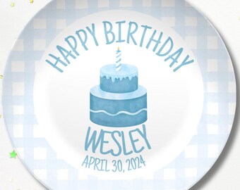 Boys  Birthday Plate - Blue Gingham First Birthday - Blue & White Smash Cake 1st Birthday -  Coquette Style