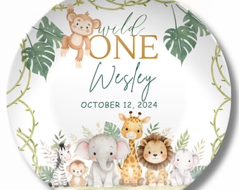 Wild One Safari Birthday Plate – Personalized Kids Plate with Name & Date – Jungle Animal First Birthday Gift – Custom Toddler Plate