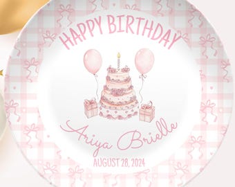 Preppy Girls Birthday Plate - Pink Coquette Bow Ribbon First Birthday - Pink & White Smash Cake 1st Birthday - Coquette Style