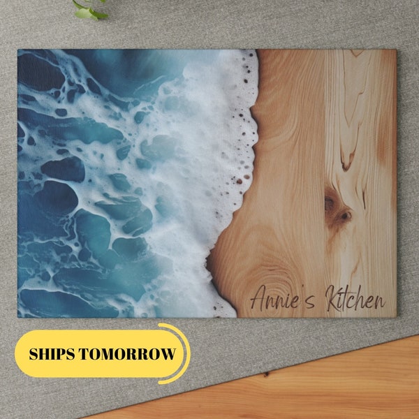 Personalized Ocean Waves Glass Cutting Board  - Glass Charcuterie Cheese Cutting Board - Wedding or Engagement Gift, Decorative Custom Board
