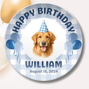Dog Nursery Decor Custom Dog First Birthday Plate Blue Gingham Smash Cake Plate From Dog Photo