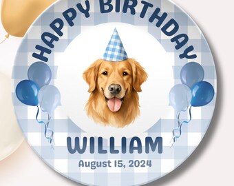 Dog Nursery Decor Custom Dog First Birthday Plate Blue Gingham Smash Cake Plate From Dog Photo