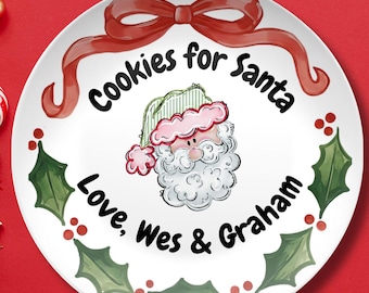 Personalized Christmas Cookie Plate for Santa – Custom Name, Santa Face & Bow Design – Holly Leaves Holiday Plate – Santa Treat Tray
