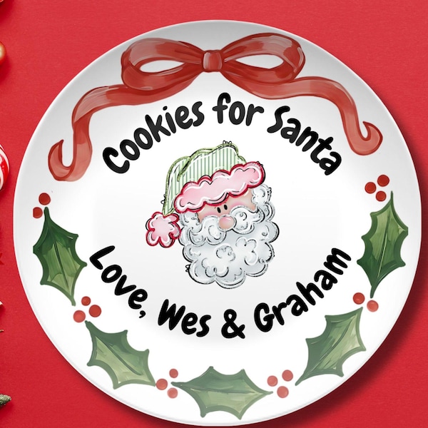 Personalized Christmas Cookie Plate for Santa – Custom Name, Santa Face & Bow Design – Holly Leaves Holiday Plate – Santa Treat Tray