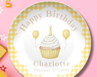 Personalized Baby First Birthday Plate - Yellow Gingham Birthday Party Decoration