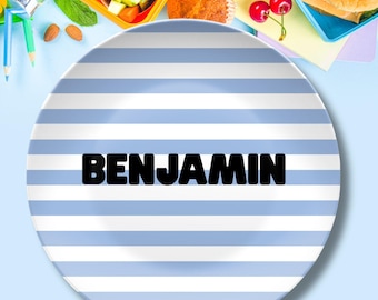 Personalized Kids Plate with Name – 9 Colorful Striped Patterns – Custom Name Plate for Children – Durable BPA-Free Dinnerware
