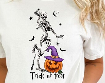 Skeleton Trick or Treat T-Shirt, Halloween T-shirt for Women, Cute Vintage Trick or Treat Shirt, Retro Halloween Tee