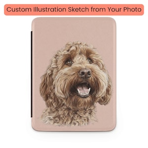 Puede incluir: Un boceto de ilustración personalizado de un perro, con el texto "Custom Illustration Sketch from Your Photo" en la parte superior. El perro tiene pelaje marrón y está sobre un fondo rosa. La boca del perro está abierta y parece estar sonriendo.