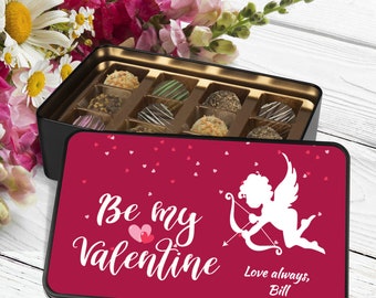 Personalized Chocolate Bon Bons Valentine's Day Gift, Chocolate Artisan Box, Keepsake Tin