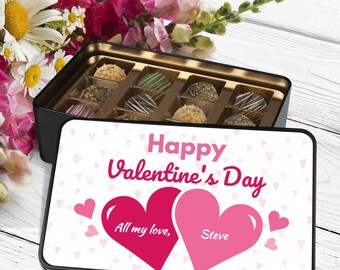 Personalized Happy Valentine's Day Chocolate Truffles Keepsake Tin, Artisan Truffles