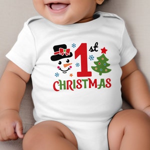 Baby&#39;s First Christmas Bodysuit, Snowman and Tree Holiday Outfit, Festive Infant Clothing, Long Sleeve Onesie for Newborn