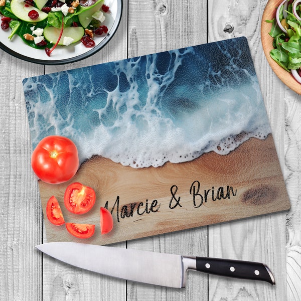 Personalized Ocean Beach Cutting Board, Custom Tempered Glass Charcuterie Tray Board, Ocean Chopping Board