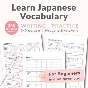 Può includere: Materiali per l'apprendimento del vocabolario giapponese. L'immagine mostra fogli di lavoro con parole giapponesi ed esercizi di scrittura. Il testo include "Learn Japanese Vocabulary", "Writing Practice" e "For Beginners". Una penna è sui fogli.