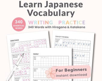 Japanese Vocabulary Workbook PDF | 340 Essential Words | Hiragana & Katakana Practice for Beginners