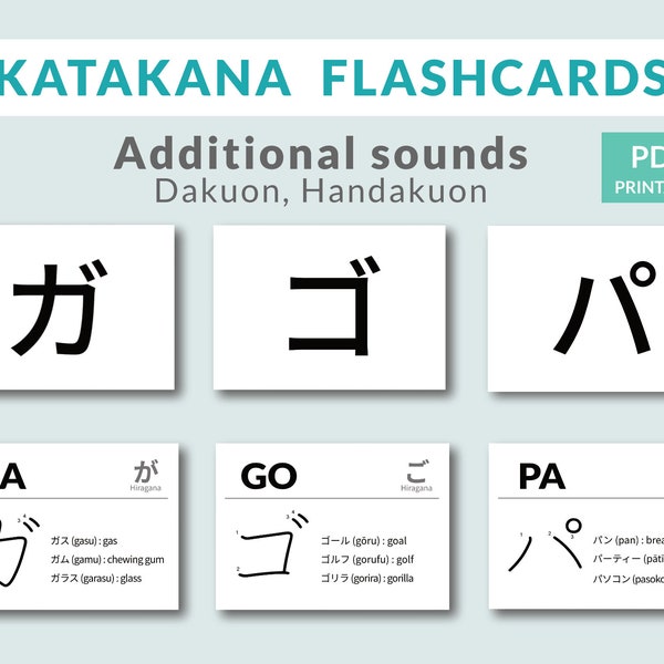 Japanese study Katakana Flashcards (Additional sounds), Katakana practice, Katakana alphabet, language learning, Vocabulary cards
