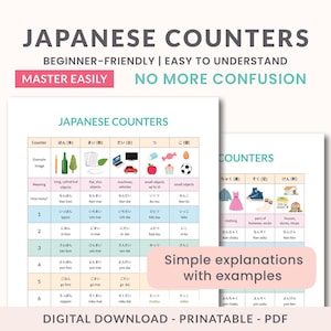 May include: Two printable PDF pages with Japanese counters, featuring beginner-friendly explanations and examples. The pages display Japanese words, example images, and meanings for various objects, including long objects, machines, and small items. Text includes "Japanese Counters" and "Digital Download - Printable - PDF."