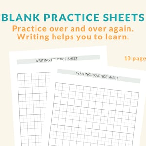 May include: Two blank writing practice sheets with a grid pattern. The sheets are labelled "Writing Practice Sheet" and are part of a set of 10 pages.