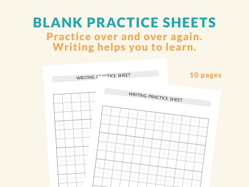 May include: Two blank writing practice sheets with a grid pattern. The sheets are labelled "Writing Practice Sheet" and are part of a set of 10 pages.