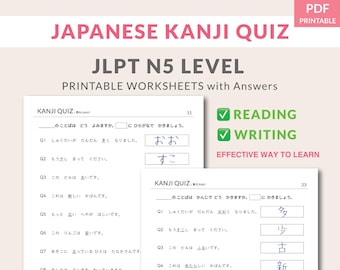 May include: A printable worksheet for learning Japanese kanji. The worksheet features a quiz with multiple choice questions and answers. The title of the worksheet is "Japanese Kanji Quiz" and the subtitle is "JLPT N5 Level". The worksheet is designed for reading and writing practice.