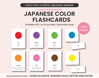 Japanese color flashcards, Printable flash cards, Learn Japanese colour, Minimalist style, Study Hiragana for beginners, Montessori Cards