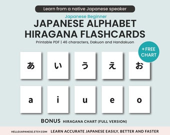 Alphabet japonais hiragana cartes mémoire pour débutants, base + dakuon, handakuon, apprendre le japonais, cartes d'étude imprimables, outils d'apprentissage, PDF