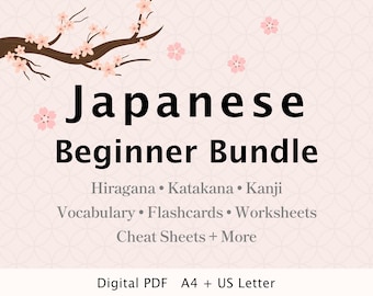 Puede incluir: Un documento educativo digital titulado Japanese Beginner Bundle, que incluye Hiragana, Katakana, Kanji, vocabulario, tarjetas didácticas, hojas de trabajo y hojas de referencia. El diseño muestra flores de cerezo rosas sobre fondo rosa claro, tamaños A4 y US Letter.