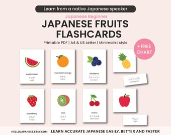 Japanese Fruits Flashcards, Language Learning Cards, Hiragana Katakana, Learn Japanese Language