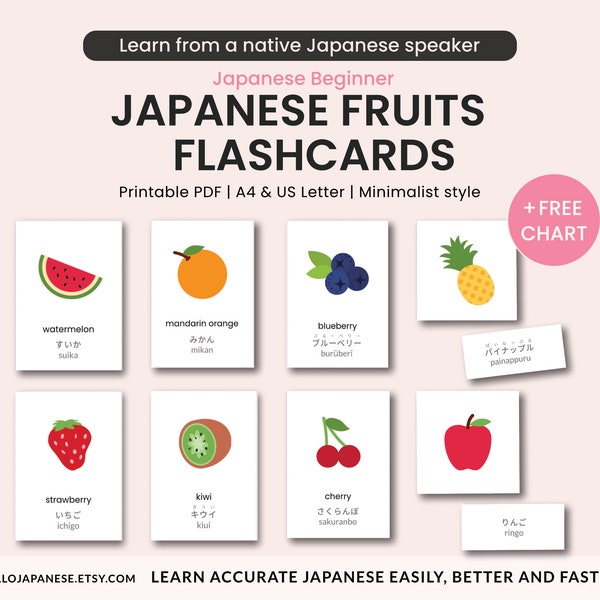 Japanese Fruits Flashcards, Language Learning Cards, Hiragana Katakana, Learn Japanese Language
