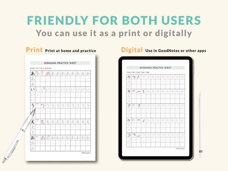 May include: Two printable Japanese language practice sheets. The first sheet is for Hiragana and the second sheet is for Katakana. Both sheets have a grid layout with lines for writing practice. The sheets are designed to be used for both digital and print use.
