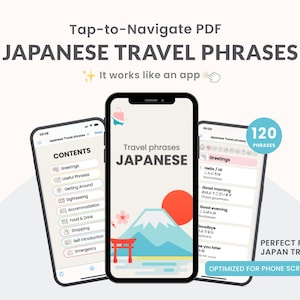 以下が含まれることがあります： 日本語の旅行フレーズアプリを表示する3台のスマートフォン。アプリは山、太陽、鳥居のグラフィックを特徴としています。アプリには120のフレーズが含まれており、携帯電話の画面に最適化されています。「Tap-to-Navigate PDF JAPANESE TRAVEL PHRASES」と表示されています。