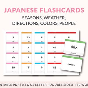 Domine o vocabulário japonês, Flashcards para estações, cores, clima, pessoas e direções, ideal para aprendizagem em casa