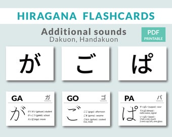 May include: A set of three flashcards with black and white illustrations of Japanese hiragana characters. The characters are 'ga', 'go', and 'pa'. Each card has the character written in large font, the romanized pronunciation, and a list of Japanese words using the character.