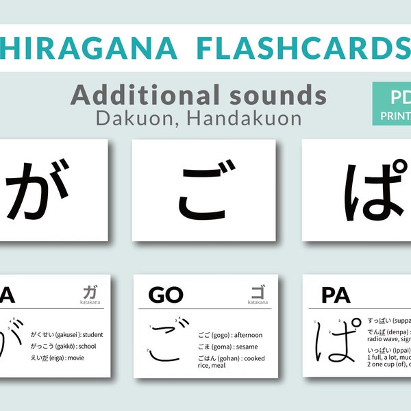 Japanese study Hiragana Flashcards (Additional sounds), Hiragana practice, Hiragana alphabet, language learning, Vocabulary cards