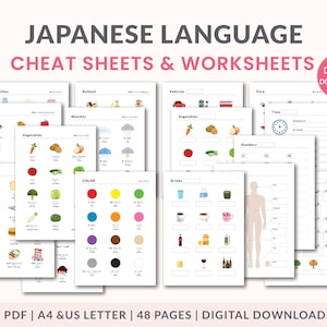 May include: A collection of Japanese language cheat sheets and worksheets. The sheets cover topics like clothes, animals, vegetables, colors, and drinks. The text "JAPANESE LANGUAGE CHEAT SHEETS & WORKSHEETS" is at the top. The image includes the text "DIGITAL DOWNLOAD".