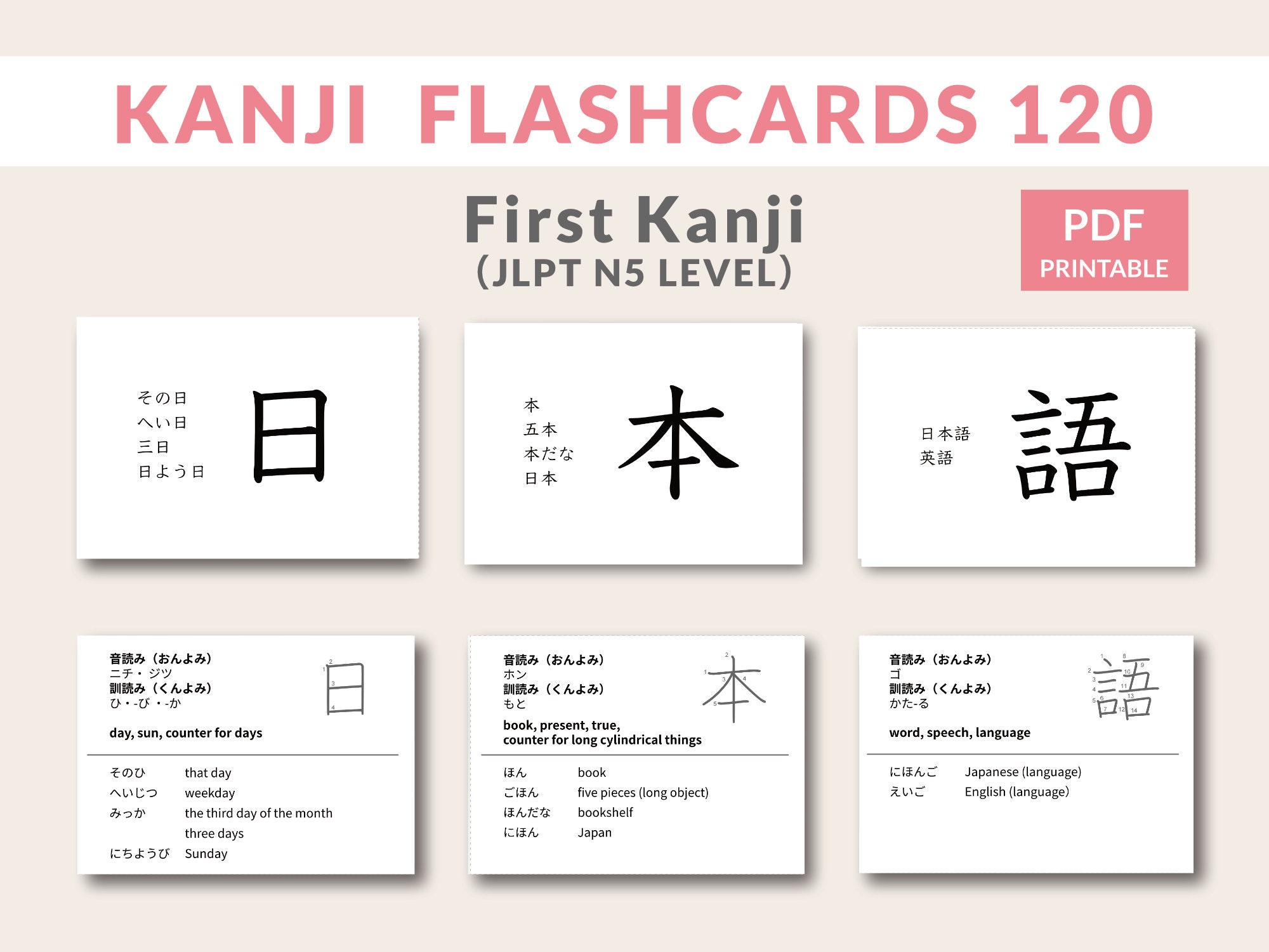 Japanese First 100 Kanji JLPT N5 Flashcards Printable Printable Flash 