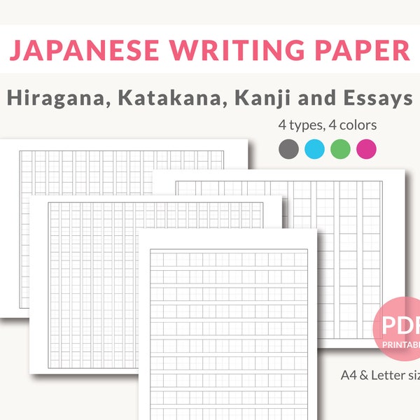 Papel de escritura japonés PDF, hojas de práctica de Hiragana Katakana Kanji, papel de escritura de ensayos