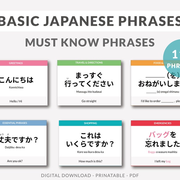 Grundlegende japanische Sätze Flashcards für Anfänger, Japanisch lernen, japanische Sprache, Japanische Ausdrücke lernen, Sprachenlernen