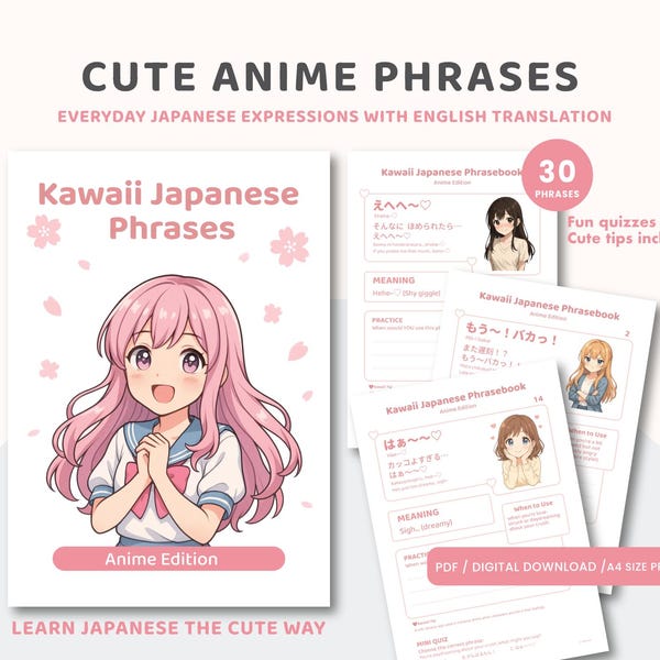 Kawaii Anime Japanische Phrasen 30 | Japanisch lernen mit Englisch & Romaji | PDF Digitaler Download