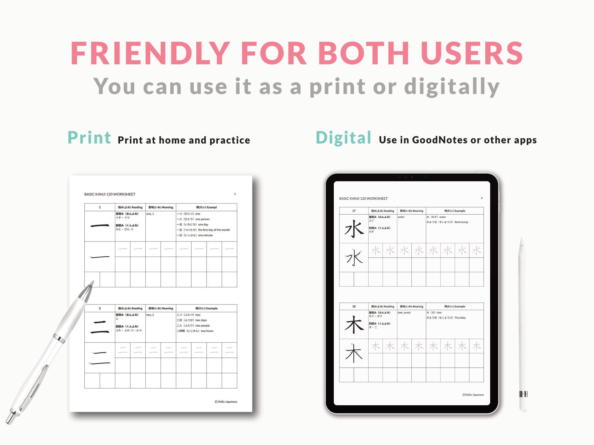 初心者向けの日本語漢字ワークシート（最初の漢字、JLPT N5レベル）、日本語の語彙を学ぶ、言語学習リソース。PDF - Etsy 日本