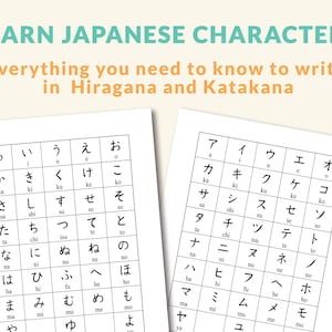 May include: A black and white chart showing the Japanese Hiragana and Katakana alphabets. The chart includes the pronunciation of each character in English.