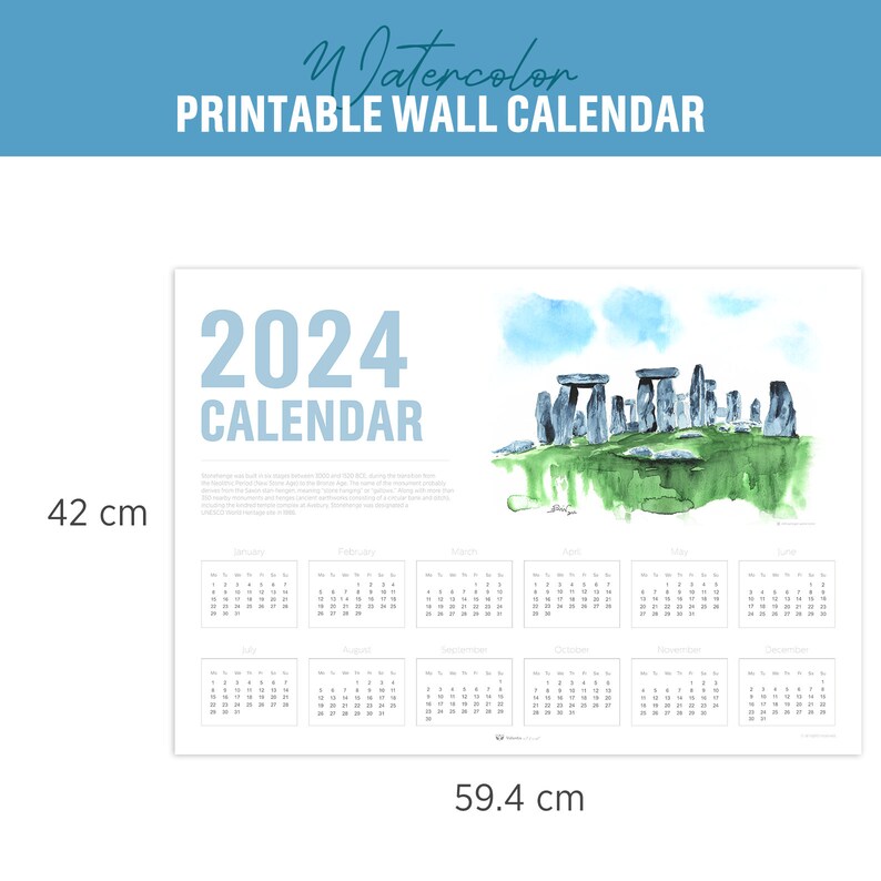 Stonehenge 2024 Calendar Printable Watercolor Wall Art A2 Big Size Soft Design England Wiltshire