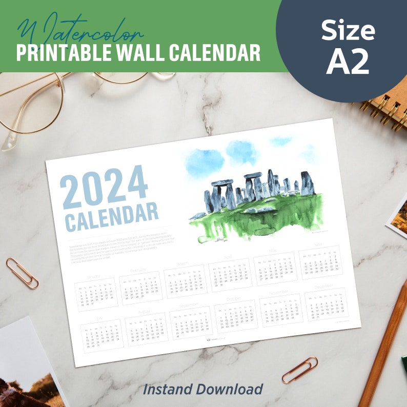 Stonehenge 2024 Calendar Printable Watercolor Wall Art A2 Big Size Soft Design England Wiltshire