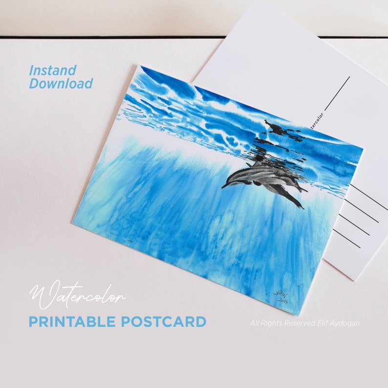 Dolphin Postcard Printable Digital Download Files Gift Card Watercolor ...