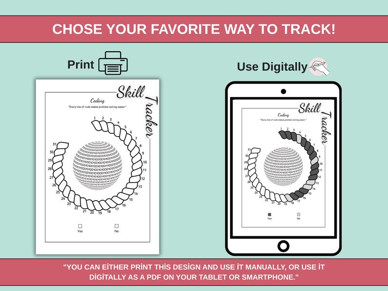 May include: A black and white skill tracker for coding, displayed as a print and on a tablet. The tracker has a spiral design with numbers and a binary code sphere. Text reads "CHOSE YOUR FAVORITE WAY TO TRACK!"