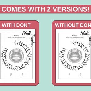 May include: Two coding skill trackers, one labelled "With Dont" and the other "Without Dont." Each tracker features a spiral design around a sphere, with numbers and check boxes. The text "Comes with 2 Versions!" is at the top.