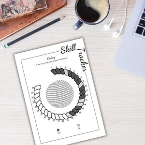 May include: A white Skill Tracker sheet with a coding theme, featuring a spiral design around a binary sphere. The sheet includes the text "Skill Tracker" and "Coding", along with a "Yes" and "No" section. A pencil, notebook, and coffee cup are on the desk.