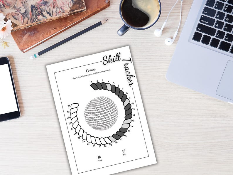 May include: A white Skill Tracker sheet with a coding theme, featuring a spiral design around a binary sphere. The sheet includes the text "Skill Tracker" and "Coding", along with a "Yes" and "No" section. A pencil, notebook, and coffee cup are on the desk.
